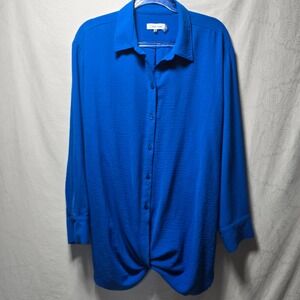 Calvin Klein Royal Blue Textured Button Front Twist Hem Shirt Top Women